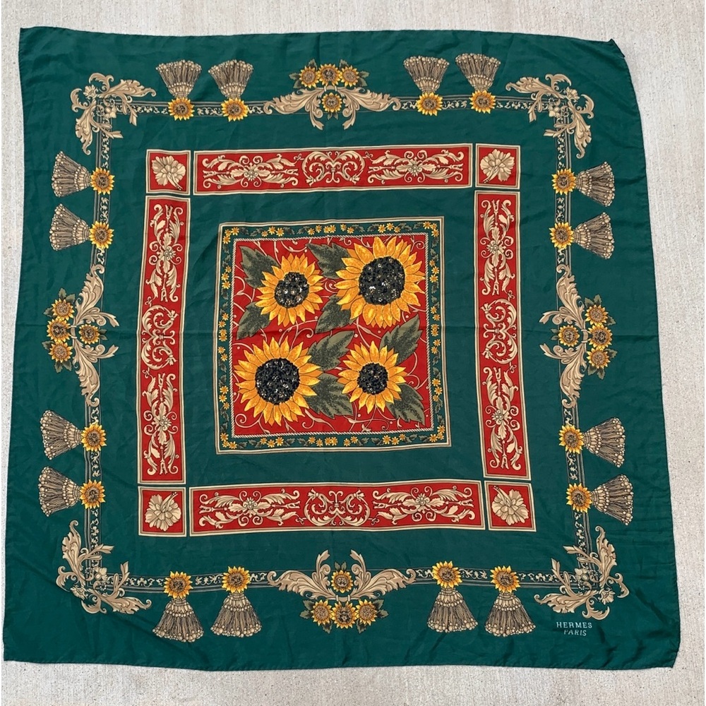 Hermès - Forest Green Silk Sunflower Scarf